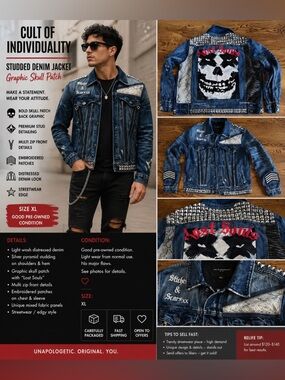 Studded Denim Jacket w/Graphic Skull Patch Streetwear🔥 Men’s Medium